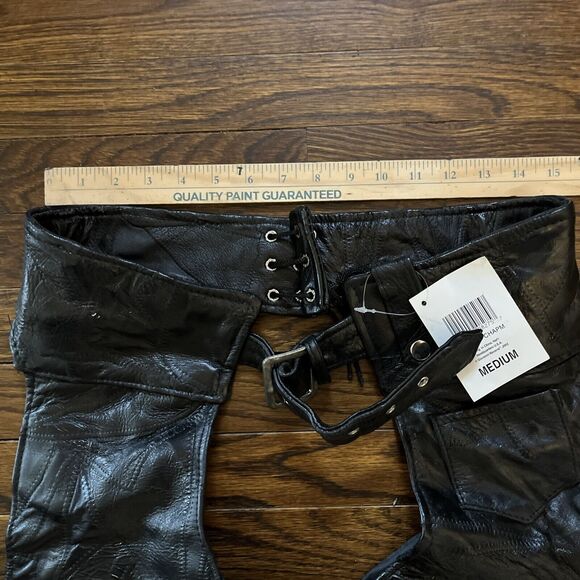 Black Leather Riding Chaps Men's Size M Giovanni Navarre Italian Stone Biker - Picture 4 of 10